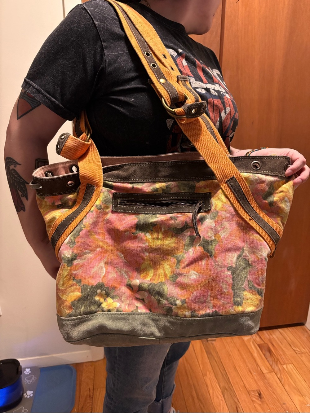 Lucky Brand Floral Canvas Tote Bag with Yellow Accents